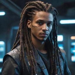 A futuristic digital young man with long, machine-like dreadlocks representing a blend of cyberpunk and natural style.