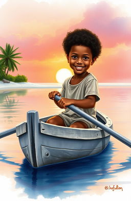 A realistic watercolor style image featuring a vibrant scene of an 8-year-old Afro-descendant boy in a small gray wooden canoe named 'Patrullero P-123'