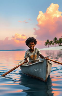 A realistic watercolor style image featuring a vibrant scene of an 8-year-old Afro-descendant boy in a small gray wooden canoe named 'Patrullero P-123'