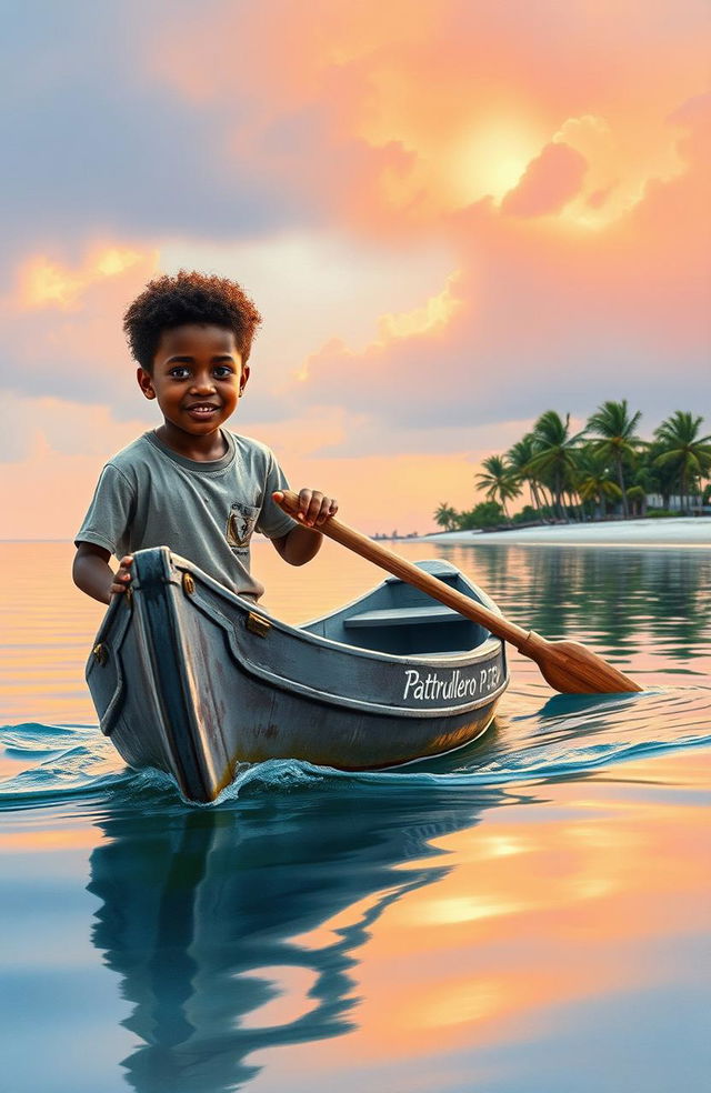 A realistic watercolor style image featuring a vibrant scene of an 8-year-old Afro-descendant boy in a small gray wooden canoe named 'Patrullero P-123'