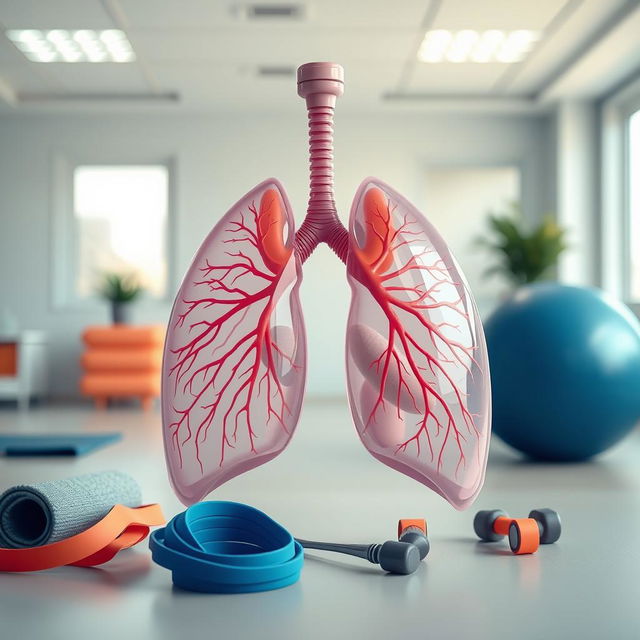 A realistic depiction of human lungs positioned prominently in the foreground, intricately detailed to showcase their anatomical structure