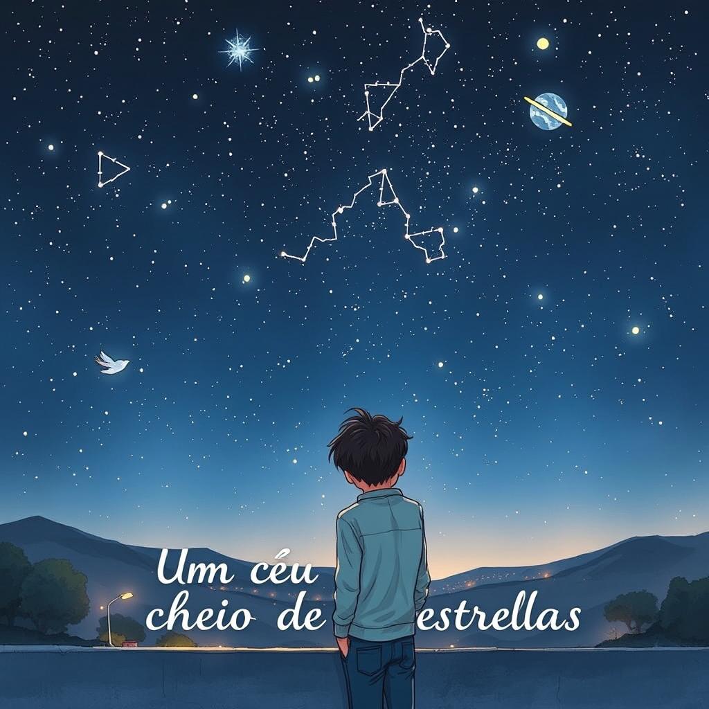 A captivating book cover illustration for 'Um céu cheio de estrelas,' showcasing two grown-up boys intimately gazing up at a magnificent night sky filled with countless stars