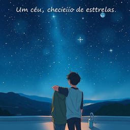 A captivating book cover illustration for 'Um céu cheio de estrelas,' showcasing two grown-up boys intimately gazing up at a magnificent night sky filled with countless stars