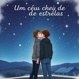 A captivating book cover illustration for 'Um céu cheio de estrelas,' showcasing two grown-up boys intimately gazing up at a magnificent night sky filled with countless stars