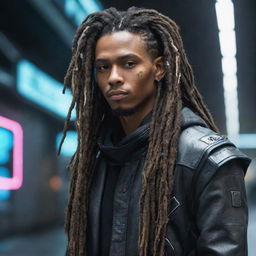 A futuristic digital young man with long, machine-like dreadlocks representing a blend of cyberpunk and natural style.