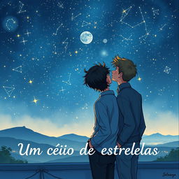 A captivating book cover illustration for 'Um céu cheio de estrelas,' showcasing two grown-up boys intimately gazing up at a magnificent night sky filled with countless stars