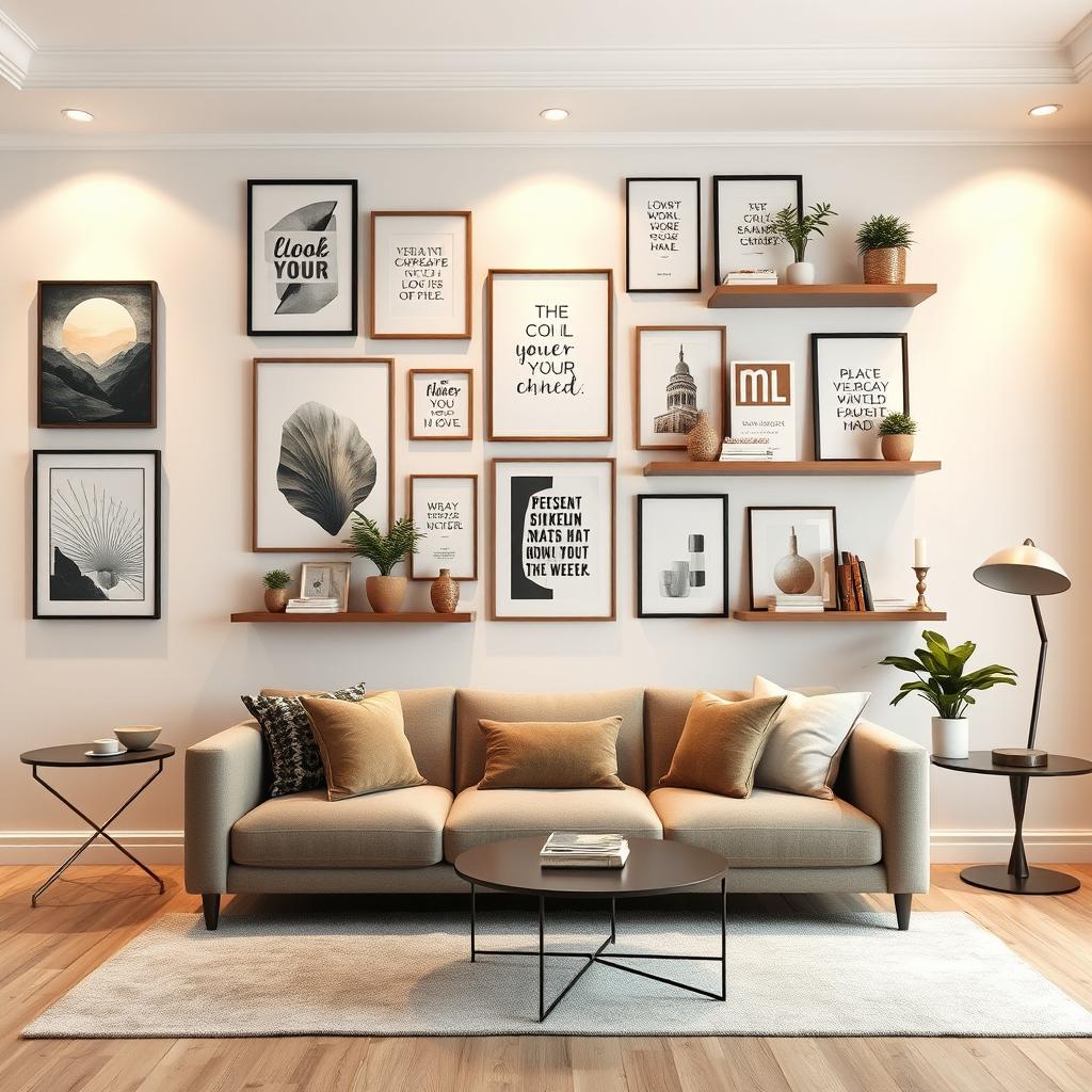 A beautifully decorated living room with a focus on a stylish and inviting empty wall, perfect for enhancing a YouTube blog