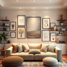 A beautifully decorated living room with a focus on a stylish and inviting empty wall, perfect for enhancing a YouTube blog