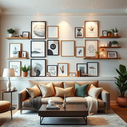 A beautifully decorated living room with a focus on a stylish and inviting empty wall, perfect for enhancing a YouTube blog