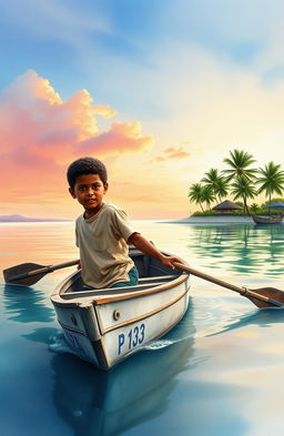 A realistic watercolor painting featuring a vibrant and serene scene of an 8-year-old Afro-descendant boy paddling in a small gray wooden cayuco named 'Patrullero P-123', navigating through a tranquil bay at dawn in Puerto Barrios, Izabal, Guatemala