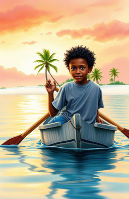 A realistic watercolor painting featuring a vibrant and serene scene of an 8-year-old Afro-descendant boy paddling in a small gray wooden cayuco named 'Patrullero P-123', navigating through a tranquil bay at dawn in Puerto Barrios, Izabal, Guatemala