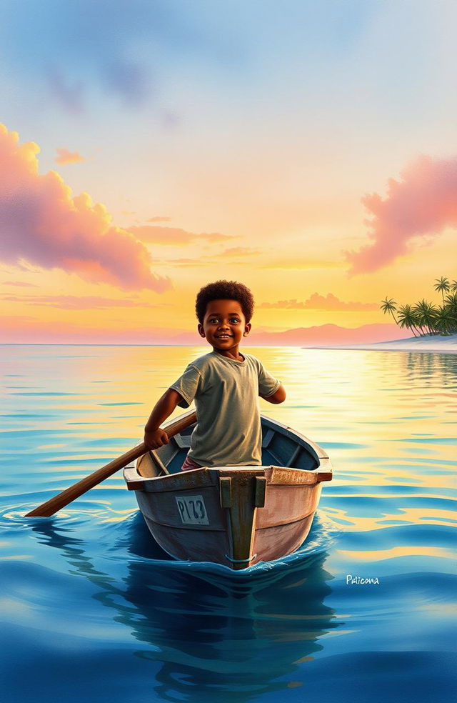 A realistic watercolor painting featuring a vibrant and serene scene of an 8-year-old Afro-descendant boy paddling in a small gray wooden cayuco named 'Patrullero P-123', navigating through a tranquil bay at dawn in Puerto Barrios, Izabal, Guatemala