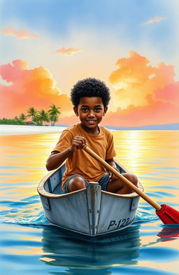 A realistic watercolor painting featuring a vibrant and serene scene of an 8-year-old Afro-descendant boy paddling in a small gray wooden cayuco named 'Patrullero P-123', navigating through a tranquil bay at dawn in Puerto Barrios, Izabal, Guatemala