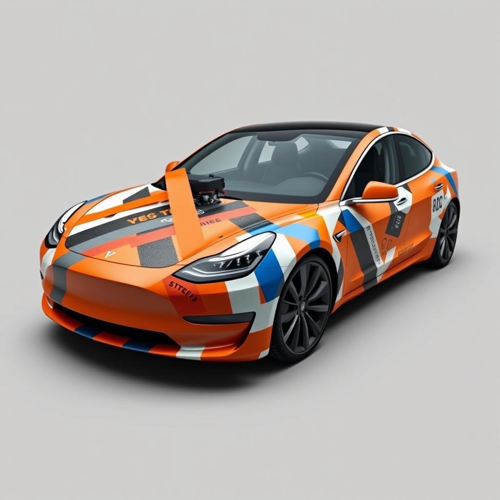 A 2D wrap design for a Tesla Model 3 Performance that creatively utilizes various colors of masking tape and duct tape, giving the impression that the car is held together with these tapes