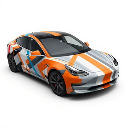 A 2D wrap design for a Tesla Model 3 Performance that creatively utilizes various colors of masking tape and duct tape, giving the impression that the car is held together with these tapes