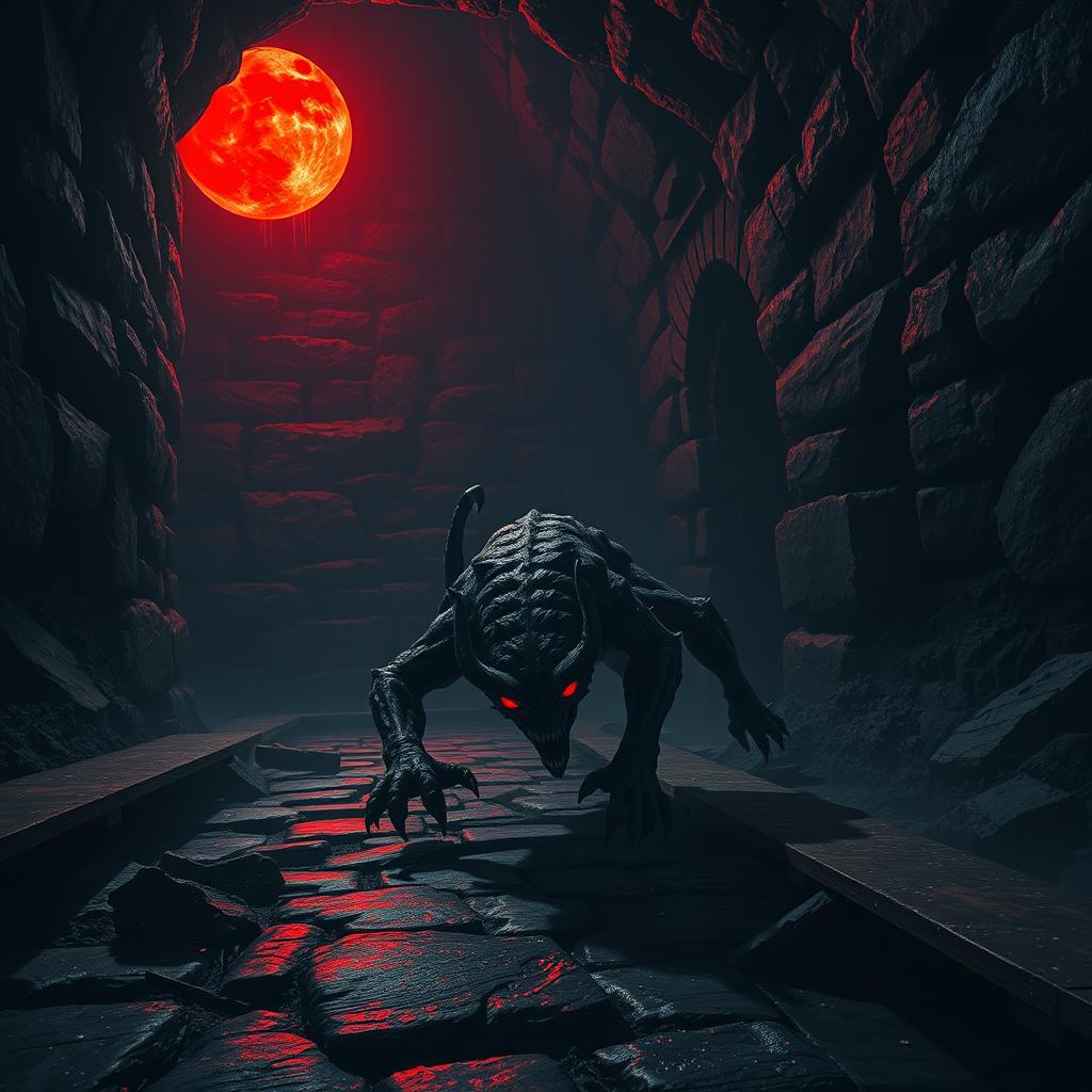 A dark, eerie dungeon scene illuminated by a red moon casting a crimson glow