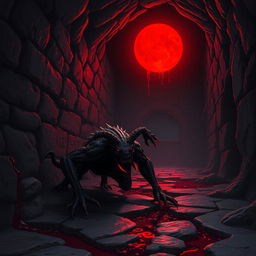 A dark, eerie dungeon scene illuminated by a red moon casting a crimson glow