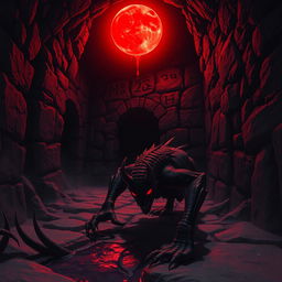 A dark, eerie dungeon scene illuminated by a red moon casting a crimson glow