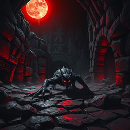 A dark, eerie dungeon scene illuminated by a red moon casting a crimson glow