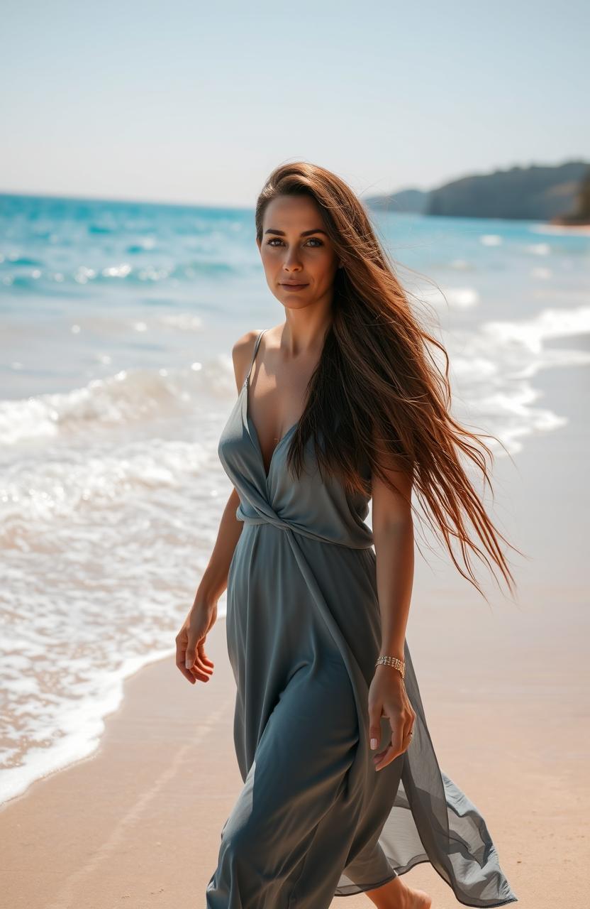 A stunning Egyptian woman in her mid-forties with long, flowing hair and wide sparkling eyes, gracefully walking along the Mediterranean seashore