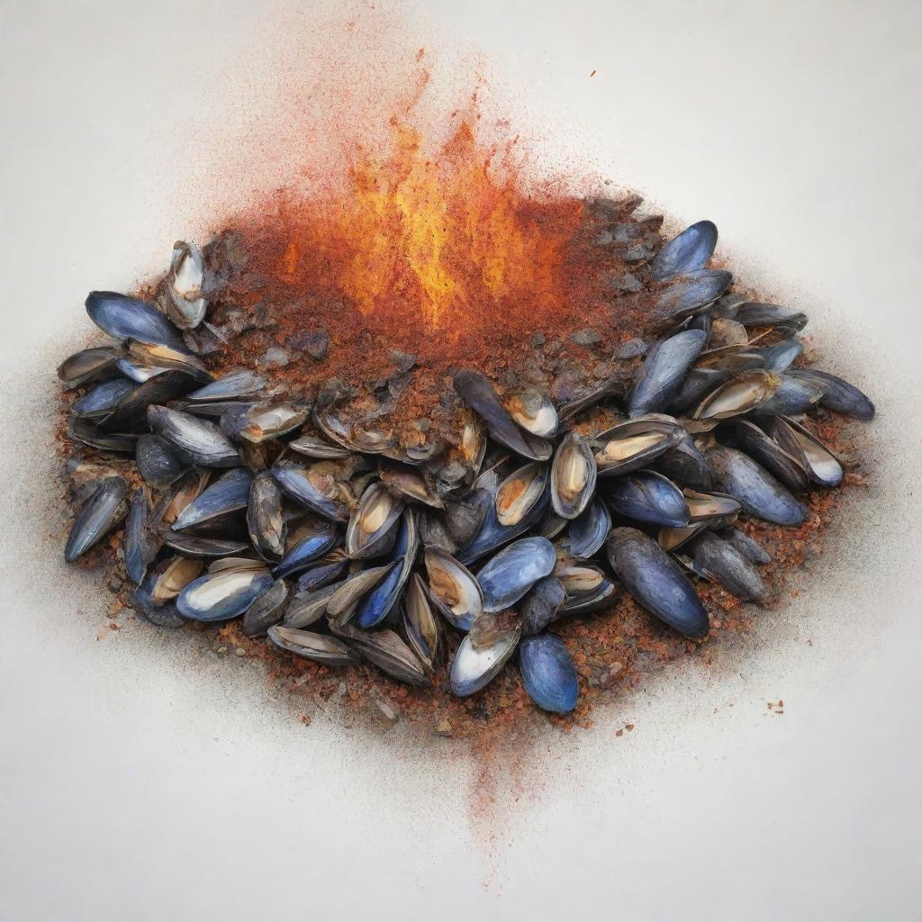 An intricate 2D sketch showcasing crushed mussel shells being used as fire retardant in a layered diagram of fire sprinkler systems. Specifically illustrate mussel shell particles interacting with the flames to retard their progress.