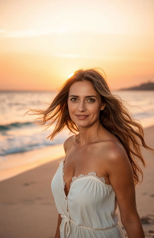 A beautiful Egyptian woman in her mid-forties, walking gracefully along the Mediterranean seashore