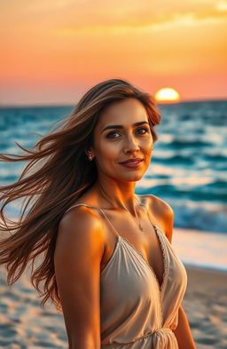 A beautiful Egyptian woman in her mid-forties, walking gracefully along the Mediterranean seashore