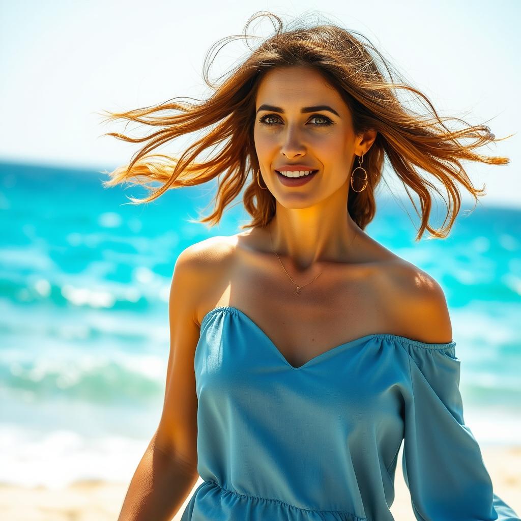 A beautiful Egyptian woman in her mid-forties, walking gracefully along the Mediterranean seashore