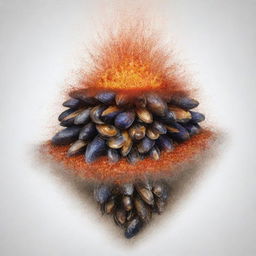 An intricate 2D sketch showcasing crushed mussel shells being used as fire retardant in a layered diagram of fire sprinkler systems. Specifically illustrate mussel shell particles interacting with the flames to retard their progress.