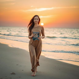 A beautiful Egyptian woman in her mid-forties, walking gracefully along the Mediterranean seashore