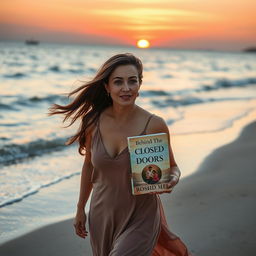 A beautiful Egyptian woman in her mid-forties, walking gracefully along the Mediterranean seashore