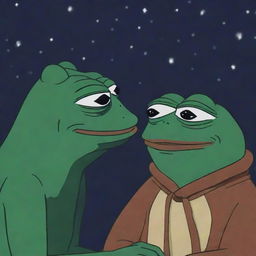 A wise-looking Pepe the Frog, in sage-appropriate clothes, whispering some wise words into Kiro's attentive ear under a starlit night.