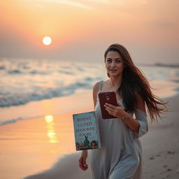 A beautiful Egyptian woman in her mid-forties, walking gracefully along the Mediterranean seashore