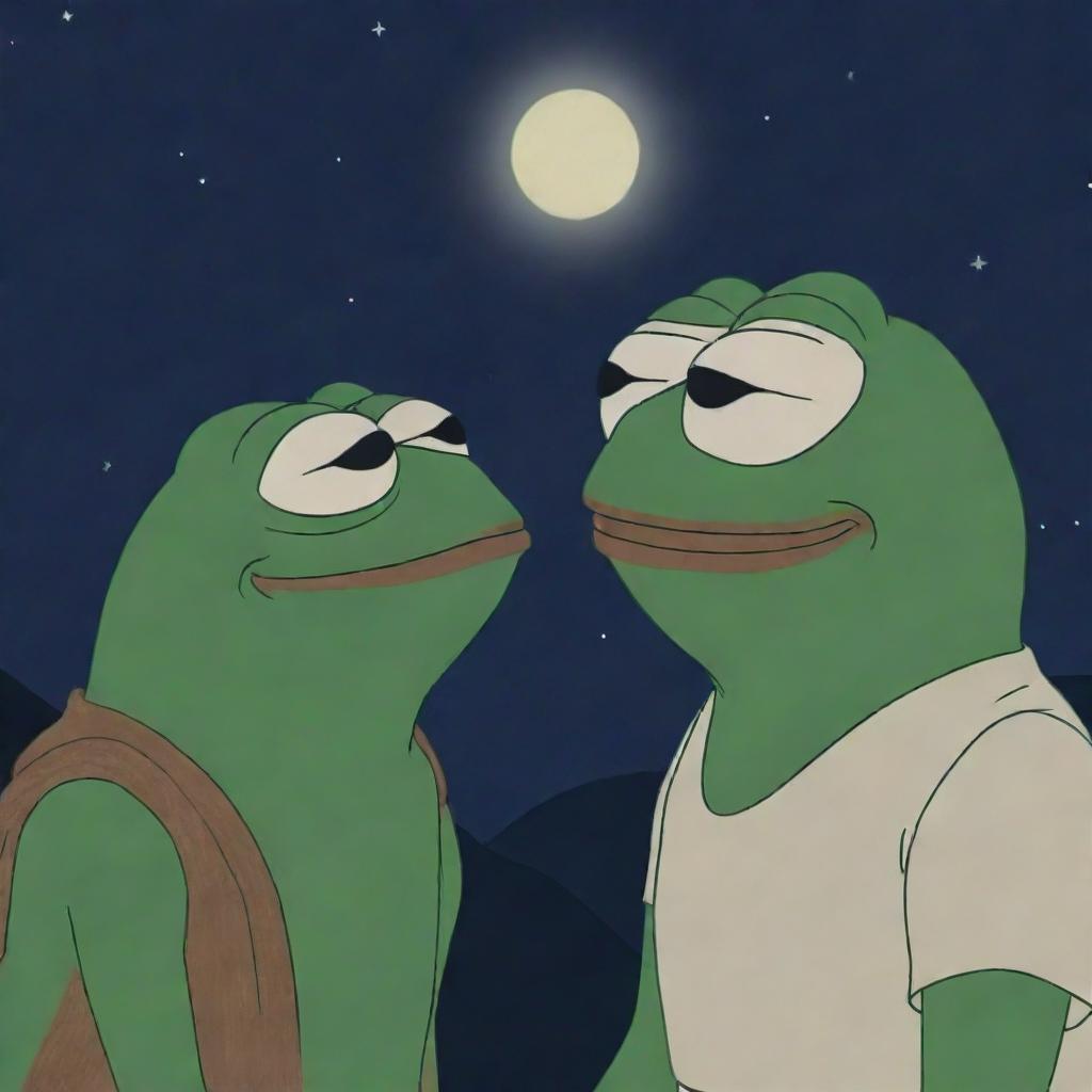 A wise-looking Pepe the Frog, in sage-appropriate clothes, whispering some wise words into Kiro's attentive ear under a starlit night.