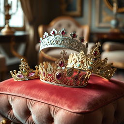 A collection of elegant diadems, beautifully displayed on a velvet cushion