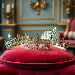 A collection of elegant diadems, beautifully displayed on a velvet cushion