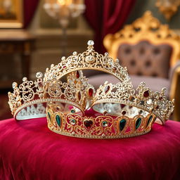 A collection of elegant diadems, beautifully displayed on a velvet cushion