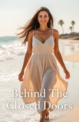 A beautiful Egyptian woman in her mid-forties with long, flowing hair and wide, sparkling eyes, gracefully walking along the Mediterranean seashore