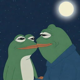 A wise-looking Pepe the Frog, in sage-appropriate clothes, whispering some wise words into Kiro's attentive ear under a starlit night.