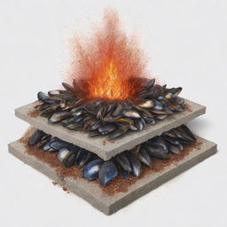 An intricate 2D sketch showcasing crushed mussel shells being used as fire retardant in a layered diagram of fire sprinkler systems. Specifically illustrate mussel shell particles interacting with the flames to retard their progress.