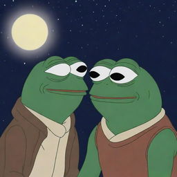 A wise-looking Pepe the Frog, in sage-appropriate clothes, whispering some wise words into Kiro's attentive ear under a starlit night.