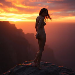 A serene and ethereal scene of a nude adult standing gracefully on a rocky cliff at sunset, their flawless silhouette illuminated by warm golden light