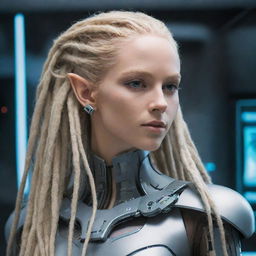 A cybernetic elf displaying futuristic machine aesthetics, with long blond dreadlocks that echo earthy elements.