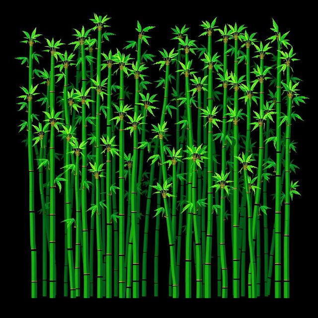 An intricate 8-bit pixel art composition showcasing a dense forest of bamboo stalks against a solid black background