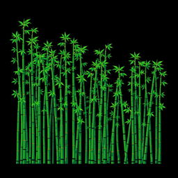 An intricate 8-bit pixel art composition showcasing a dense forest of bamboo stalks against a solid black background