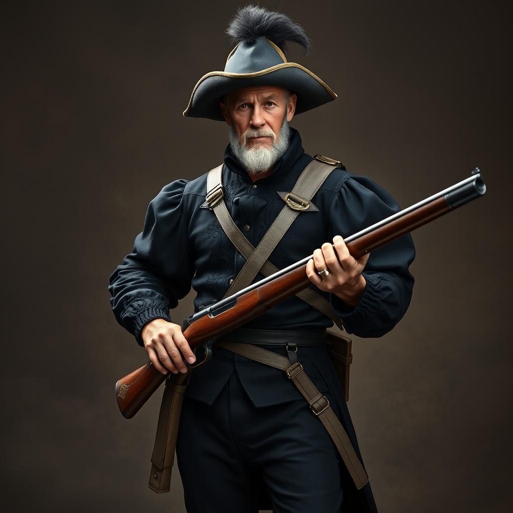 An older male fighter named Rubert Adolphus, holding a musket, who embodies a dashing and noble demeanor