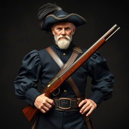 An older male fighter named Rubert Adolphus, holding a musket, who embodies a dashing and noble demeanor