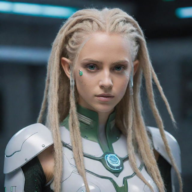 A cybernetic elf displaying futuristic machine aesthetics, with long blond dreadlocks that echo earthy elements.