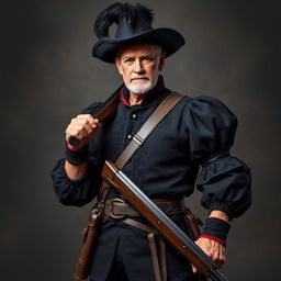 An older male fighter named Rubert Adolphus, holding a musket, who embodies a dashing and noble demeanor