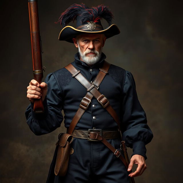 An older male fighter named Rubert Adolphus, holding a musket, who embodies a dashing and noble demeanor